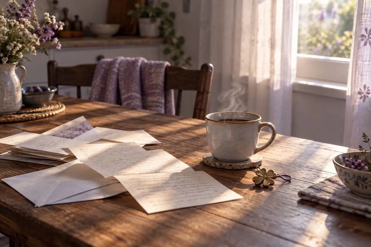 Opened mail on a table, a lucky charm beside a cup of coffee, a quiet kitchen in morning light