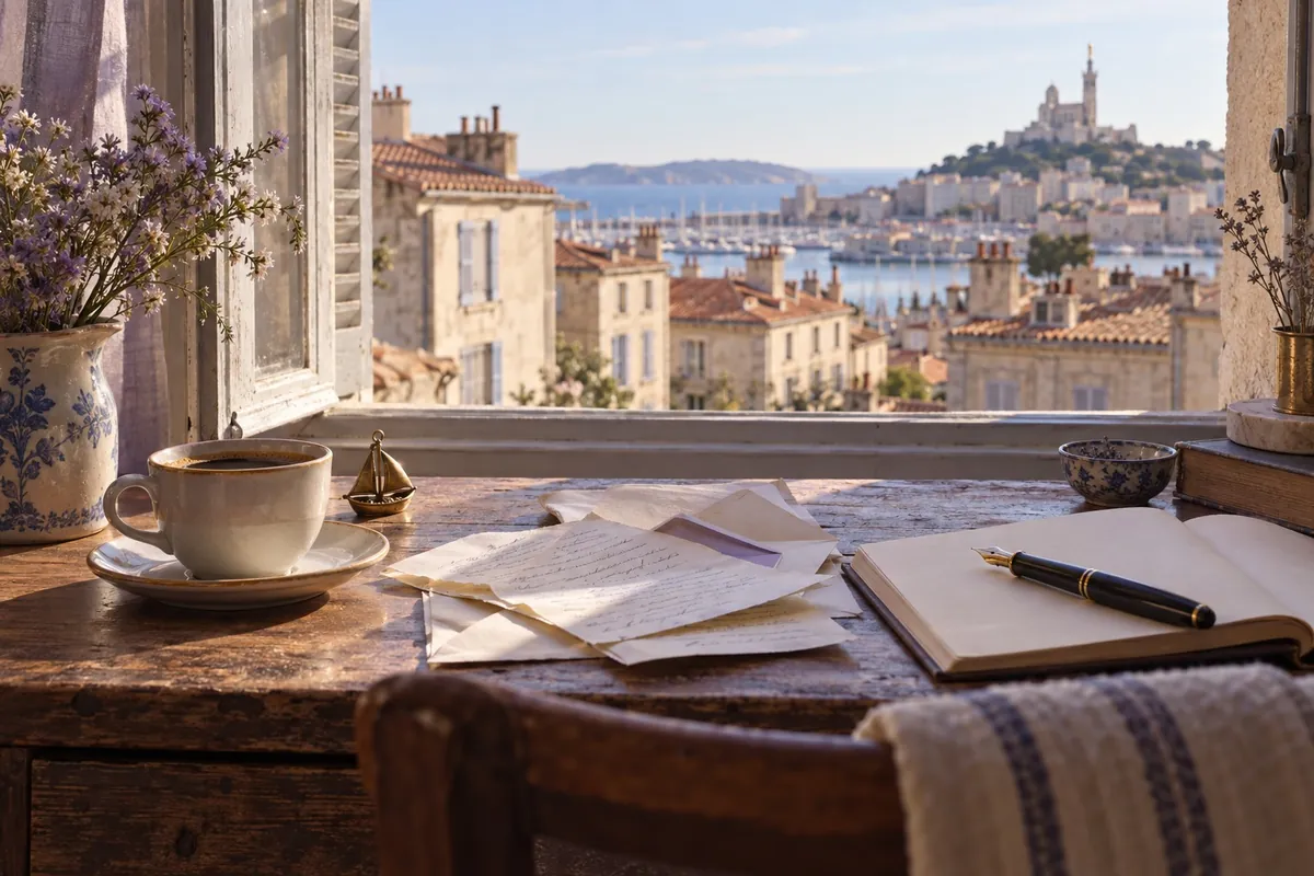 A writing table by a window in Marseille, a lucky charm, a cup of coffee, opened mail