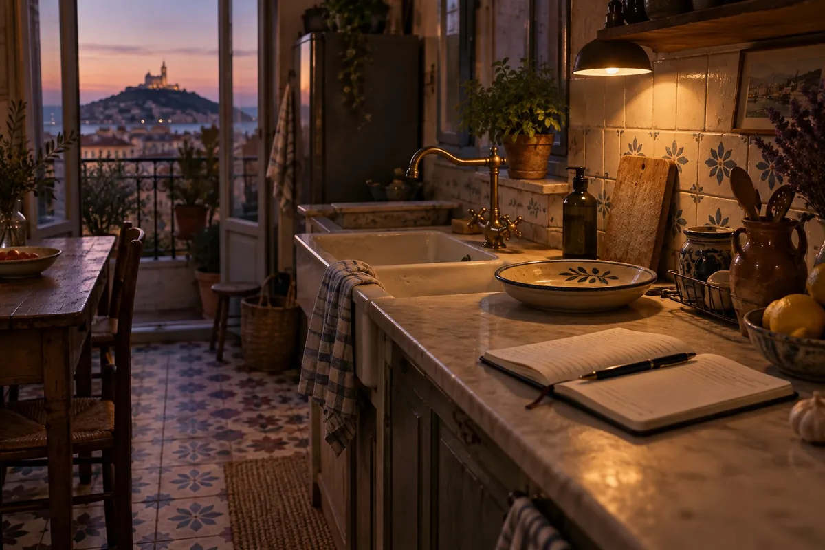 Claire's kitchen table, a dish by the sink, a notebook with a few lines written in pen