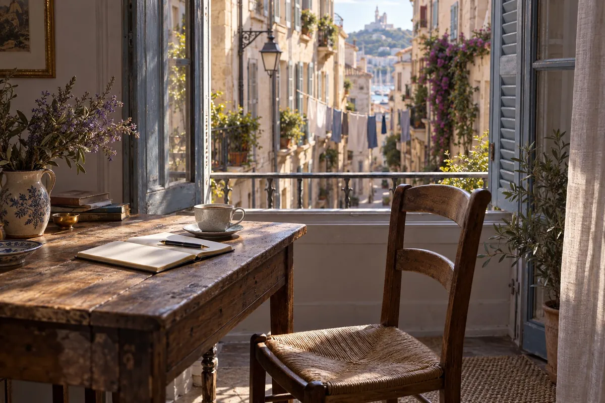 Claire at her writing table, window open onto a Marseille street
