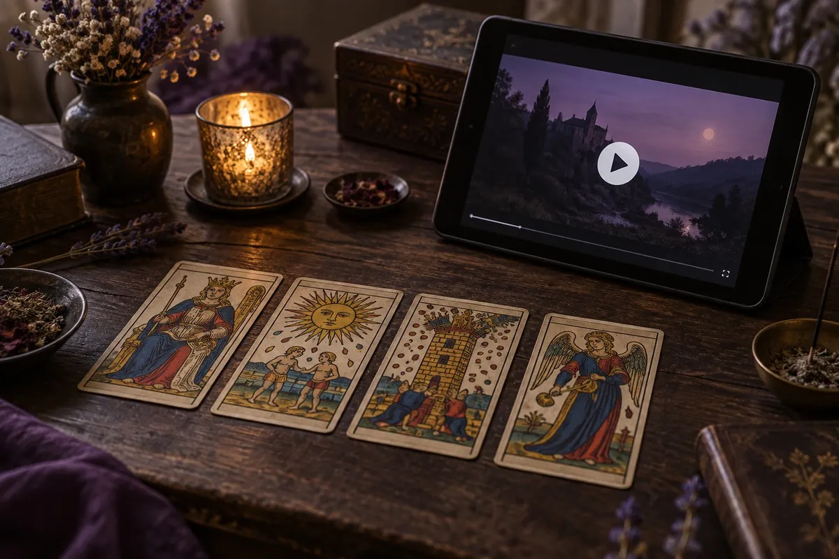 Five tarot cards and a play button